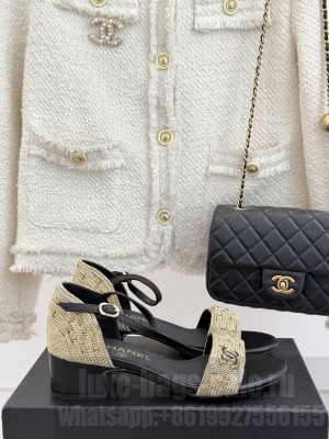 Chanel Leather & metal Chain CC Logo 4cm Sandals Black 