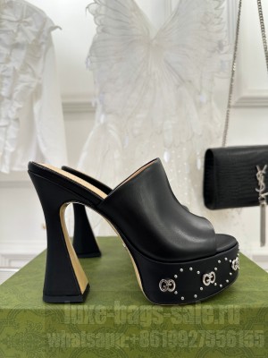 Gucci Leather Platform Slide Sandal 15cm with Interlocking G Studs 2023 Black