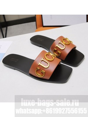 Gucci Gold Signature Calfskin Slide Sandals Brown 2021 (For Women and Men) Collection