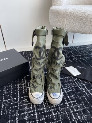Chanel Graffiti Canvas High Boots Green