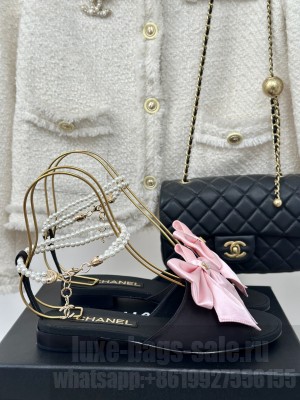 Chanel Silk Flat Sandals with Maxi Bow and Pearls Balck/Pink 2024 G45813