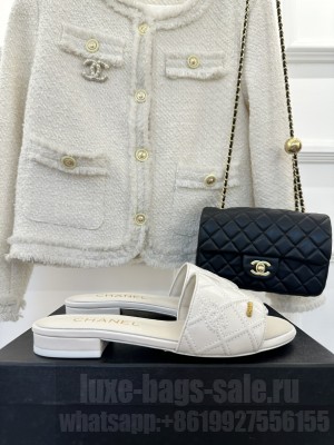 Chanel CC Quilted Calfskin Flat Slide Sandals White 2023 