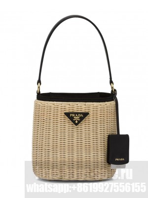 Prada Wicker And Canvas Bucket Bag 1BE062 Black