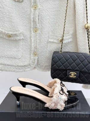 Chanel Beige Fabric Trim Bow Slide Sandals heel 5cm 2025 Pink