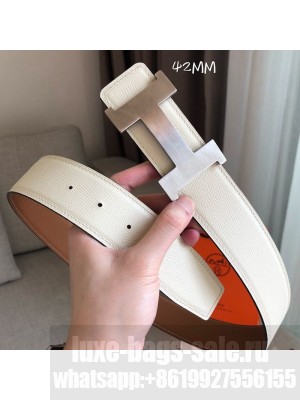 Hermes Constance Reversible Leather Buckle Belt 42mm Khaki/White/Silver 2019 Collection
