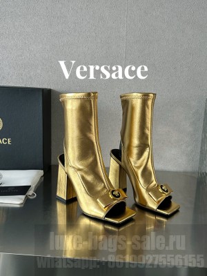 Versace Gianni Ribbon Open Ankle Boots 10.5cm in Strentch Leather Gold
