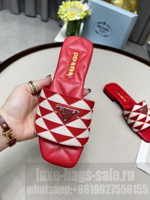 Prada Symbole Jacquard Fabric Flat Slide Sandals Red  2022 Collection