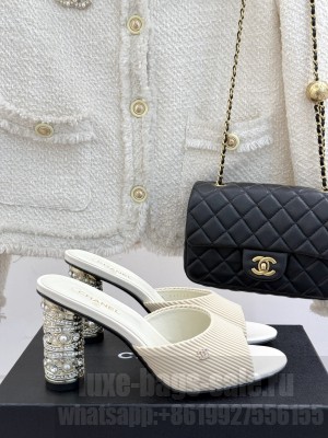 Chanel Embossed Leather Heel Sandals 8.5cm imitation pearls, strass & metal Cream Mule 2025