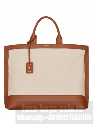 Saint Laurent Shopping Tag In Canvas And Leather 619757L Coffee