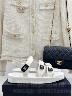 Chanel Velcro Beach Sandals Flat Sandals with Buckle Straps White 2025