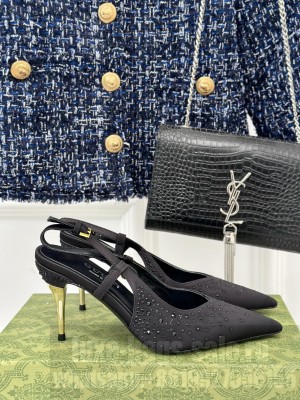 Gucci Satin Slingback Pumps 8.5cm with Crystals Black