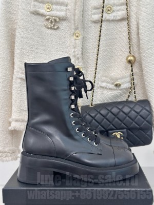 Chanel 5cm Lambskin Lace-up Boots Black 2024