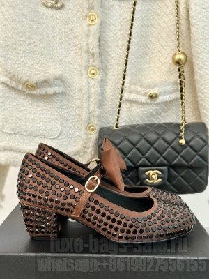Chanel Satin & Strass Mary Janes 5cm Pumps with Bow Brown