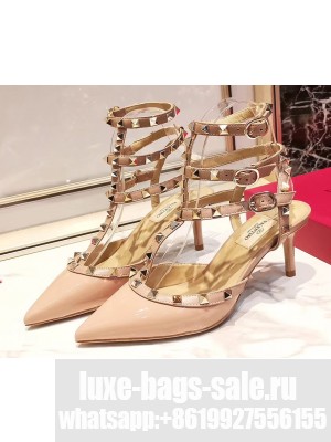 Valentino Heel 9.5cm Rockstud Caged Ankle Strap Pumps in Patent Leather Nude Pink