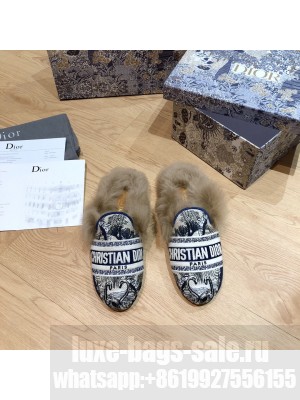 DIOR OFF MULE Multicolor Embroidered Cotton Fur Flat Slippers 09