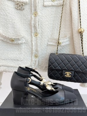 Chanel Calfskin Mary Janes Pumps 5.5cm with Heart Stones Charm Black 2025 