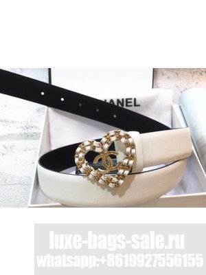 Chanel Width 3cm Chain Heart CC Logo Buckle Leather Belt White