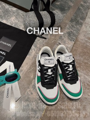 Chanel Calfskin, Suede & Fabric Sneakers Green/Black/White 2023 Collection