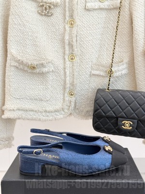 Chanel Lambskin & Grosgrain cc Metal slingback Pumps Blue 2025