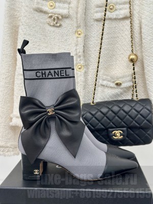 Chanel Knit Ankle Boots With Max Bow Gray