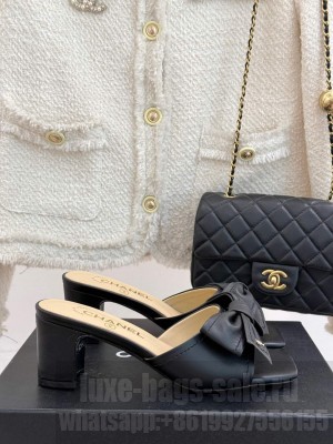 Chanel Lambskin Heel Slides Sandal with Bow Black 2025