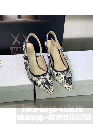 Dior J'Adior Slingback Pumps 6.5cm in White and Black Cotton Embroidered with Plan de Paris Motif 2023
