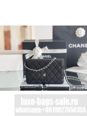 Chanel Grained Calfskin Classic Wallet on Chain WOC 2024 Black/Silver Top Quality