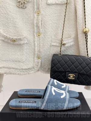 Chanel CC Logo slippers flat denim light blue 2025