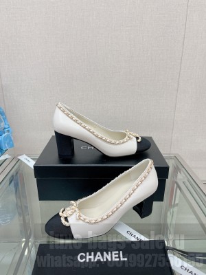 Chanel Lambskin 6.5 Pumps with Chain CC White 2023 