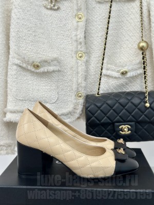 Chanel Women's 7cm Heel Quilted Lambskin Leather Pumps Beige