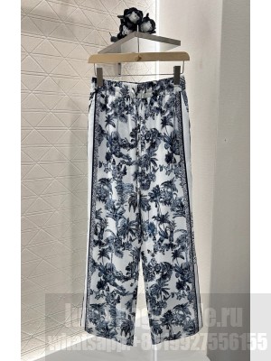 Christian Dior Pants White and Blue Toile de Jouy Palms Jacquard Technical Taffeta