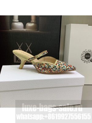 Dior Muleat Heel Mules in Beige Cotton Embroidered with Square Strass 6.5cm 2022 Collection
