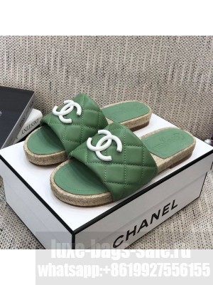 Chanel Quilted Lambskin Flat Espadrilles Slide Sandals Green Spring/Summer 2021 Collection
