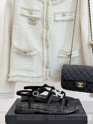 Chanel Suede CC with Black Rhinestones Thong Sandals 2025 