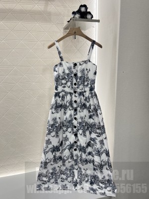 Christian Dior Dioriviera Mid-Length Flared DressWhite and Blue Toile de Jouy Palms Cotton and Silk Poplin