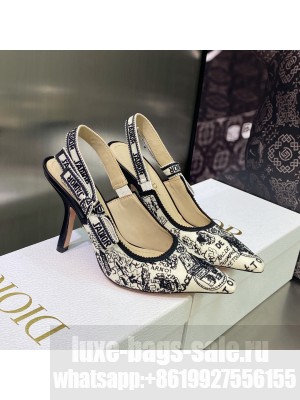 Dior J'Adior Slingback Pumps 9.5cm in White and Black Cotton Embroidered with Plan de Paris Motif 2023