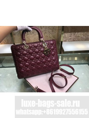 Dior Large Lady Dior Bag in burgundy sheepskin Leather with Gold Hardware 