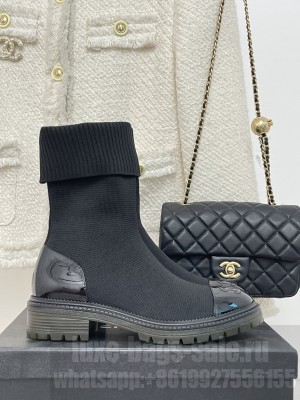 Chanel Women's CC Ankle Boots Black Knit