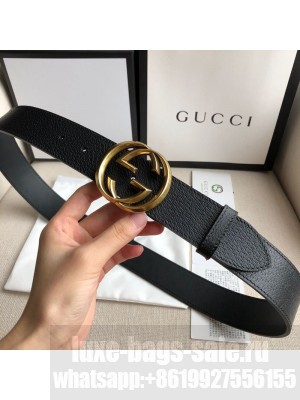 Gucci Grained Leather Belt 38mm with Interlocking G Buckle Black/Gold   Collection