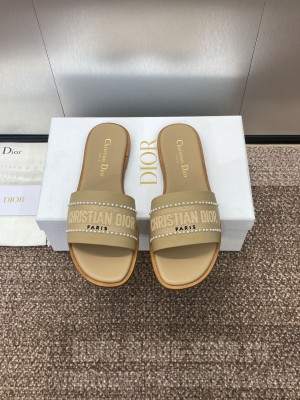 Dior Dway Slide Beige Calfskin and Embroidered Cotton With Pearls Flat 2025