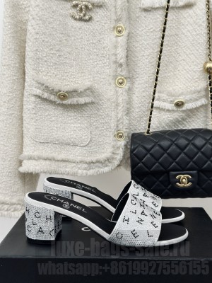 Chanel Crystals Mule Slide Sandals 6cm with Letterings White 2024