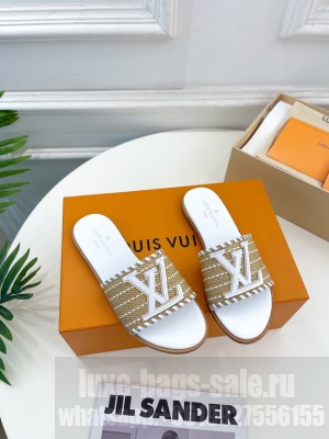 Louis Vuitton Starboard Flat Slide Sandal in LV Raffia and Leather 2023 White