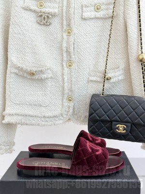 Chanel Quilted Velvet CC Logo Slide Flat Burgundy 2025