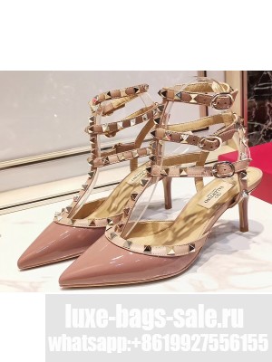 Valentino Heel 9.5cm Rockstud Caged Ankle Strap Pumps in Patent Leather Dusty Pink