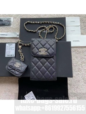 Chanel MINI FLAP PHONE CASE CAVIAR LEATHER BAG AP2742 BLACK