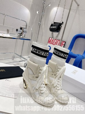 Dior D-Zenith Heeled Ankle Boots 8cm in White Calfskin and Technical Knit 2022