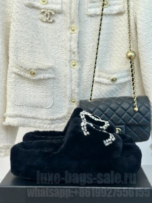 Chanel Wool Platform Rhinestone CC Logo Slide Mules 2024 Black