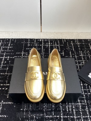 Chanel Calfskin & Metal CC Logo Moccasins G45663 Gold Loafer 2024 