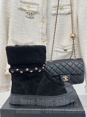 Chanel Suede & Wool Fur Snow Boots Black 2024