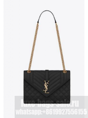 SAINT LAURENT ENVELOPE MEDIUM BAG IN MIX MATELASSe GRAIN DE POUDRE EMBOSSED LEATHER 600185 BLACK&GOLD